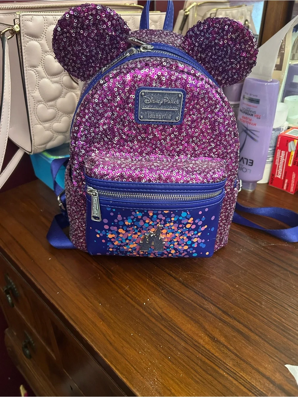 Loungefly Kids Purple Sequin Minnie Ear Mini Backpack with Confetti Front Pocket
